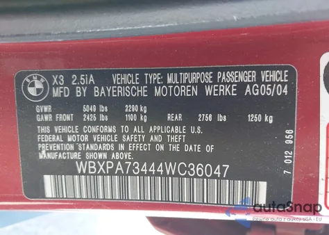 2004 BMW X3 2.5I from USA, damaged, VIN WBXPA73444WC36047